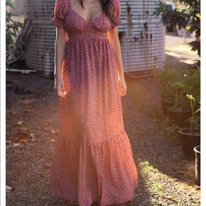 Pink Floral Puff Sleeve Maxi Dress